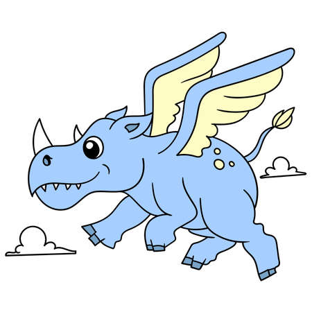 the fat winged rhino flew around the sky, doodle draw kawaii. vector illustration artのイラスト素材