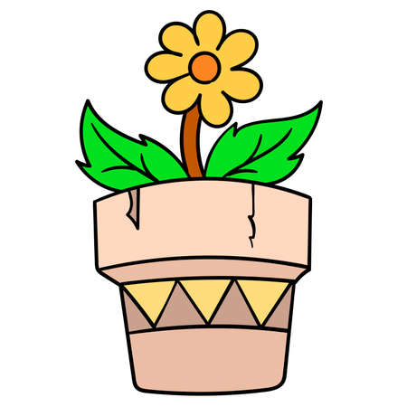 sunflowers bloom in spring in garden pots. doodle icon drawing, vector illustrationのイラスト素材