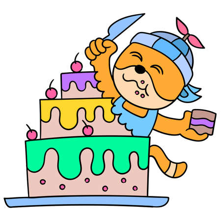 cute monsters are enjoying giant birthday cake. vector illustration art, doodle icon image kawaii.