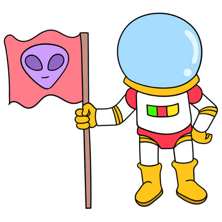 astronauts exploring space carrying an alien flag, vector illustration art. doodle icon image kawaii.のイラスト素材