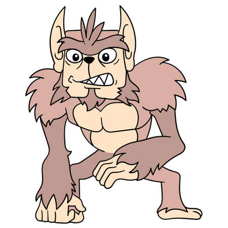 A giant yeti gorilla with thick brown hair with a fierce face, vector illustration art. doodle icon image.のイラスト素材