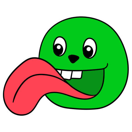 green monster head stuck out a long tongue wanting to lick. doodle icon drawing, vector illustration carton emoticonのイラスト素材