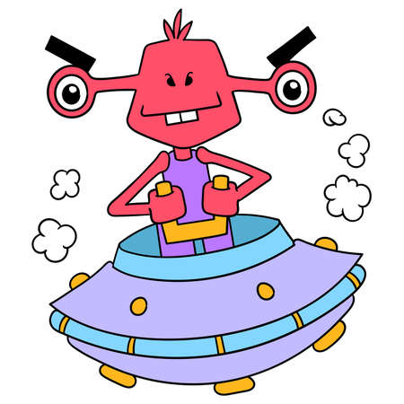 A cute alien with a strange shape flies using a saucer-shaped UFO spacecraft to explore outer space, vector illustration art. doodle icon image kawaii.のイラスト素材