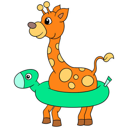 baby giraffe uses tires to swim so as not to drown, vector illustration art. doodle icon image kawaii.のイラスト素材