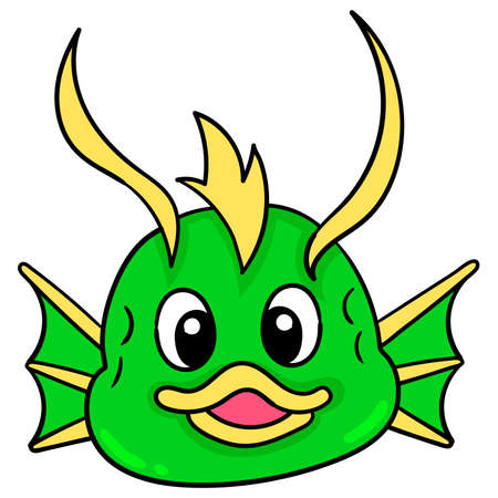 cute monster fish with funny faces and sharp fins on its skin. doodle icon drawing, vector illustration carton emoticonのイラスト素材