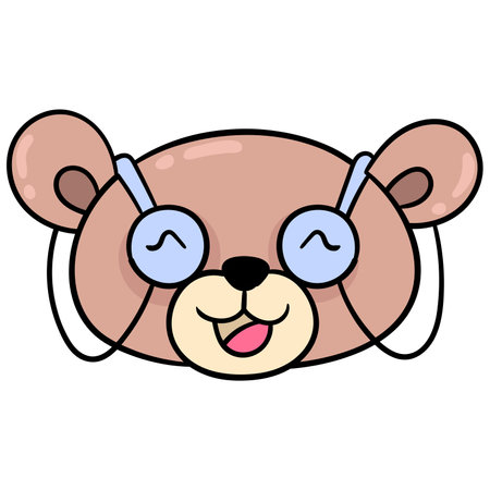 teddy bear head wears glasses with a happy smiling face. doodle icon drawing, vector illustration carton emoticonのイラスト素材