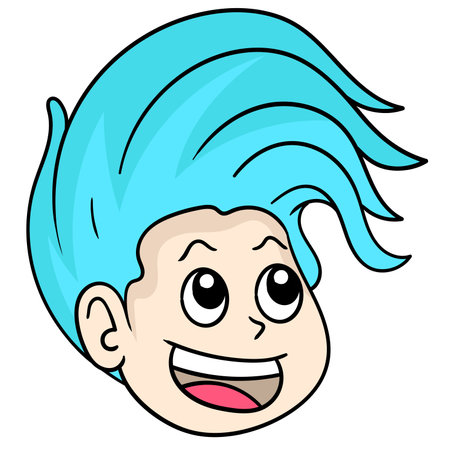 the head of a woman with long, flowing blue hair was laughing, smiling beautifully. doodle icon drawing, vector illustration carton emoticonのイラスト素材