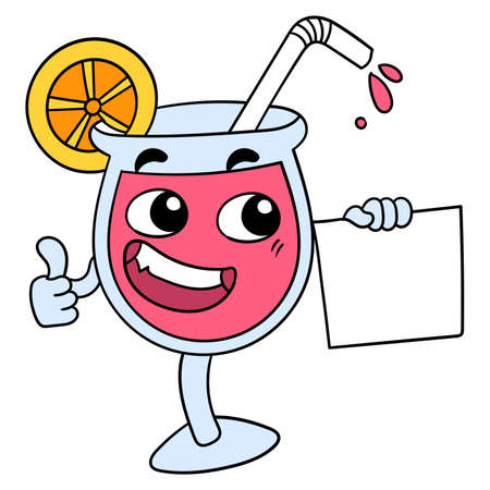 cartoon glass of drink carrying a blank paper template, vector illustration art. doodle icon image kawaii.のイラスト素材