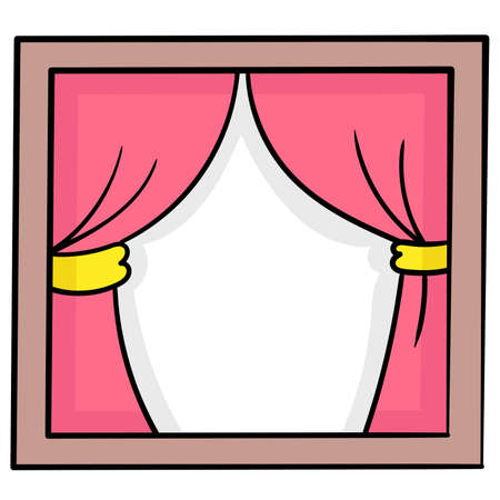 the window with the red curtains, the curtains open. carton emoticon. doodle icon drawing, vector illustrationのイラスト素材