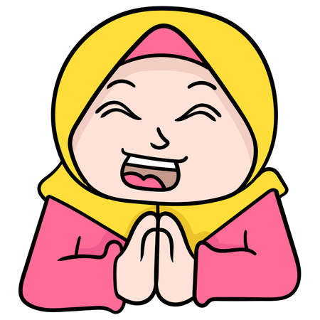 the head of a beautiful woman wearing a Muslim hijab with an apologetic gesture. doodle icon drawing, vector illustration carton emoticonのイラスト素材