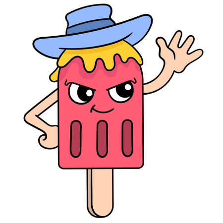 ice cream wearing a fierce faced cowboy hat, vector illustration art. doodle icon image kawaii.のイラスト素材