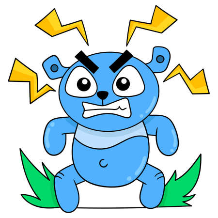 The blue bear with a stifled angry face gave off electricity, vector illustration art. doodle icon image kawaii.のイラスト素材
