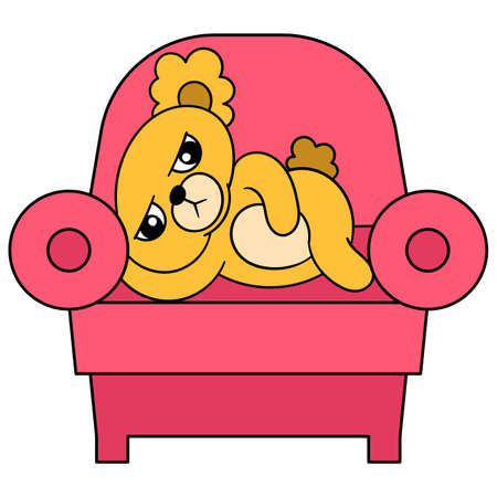 a sad grim-faced bear brooded on the sofa chair, vector illustration art. doodle icon image kawaii.のイラスト素材