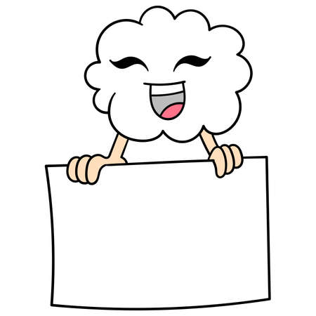White cotton clouds carry a blank sheet of paper template, vector illustration art. doodle icon image kawaii.のイラスト素材