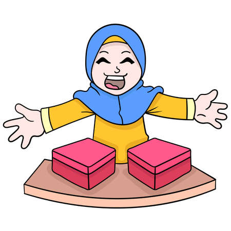 Muslim hijab girls are happy to distribute gifts to people, vector illustration art. doodle icon image kawaii.のイラスト素材