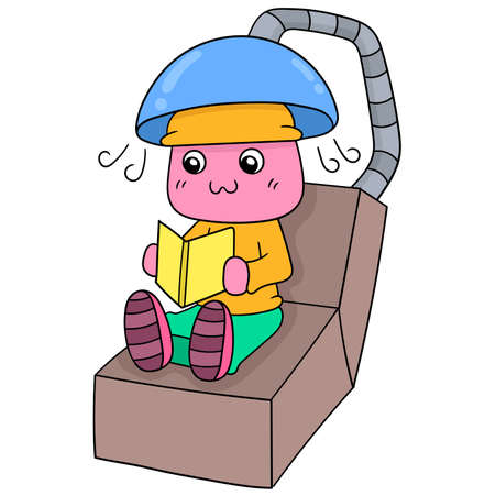 cute creatures are in salon doing hair care, vector illustration art. doodle icon image kawaii.のイラスト素材