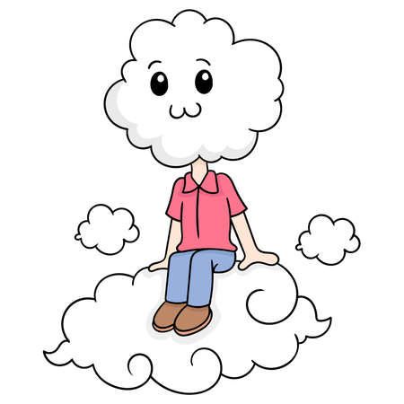 The cloud headed boy sits quietly in the sky above the clouds, vector illustration art. doodle icon image kawaii.のイラスト素材
