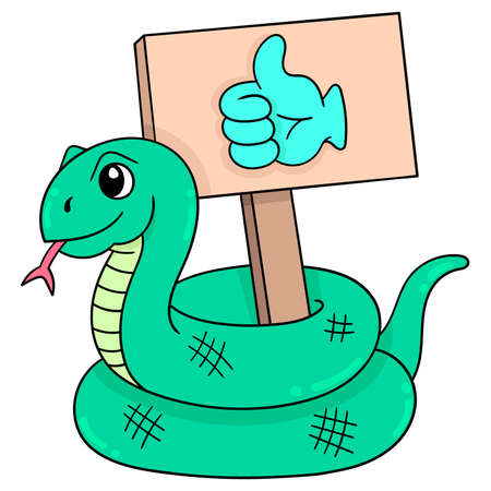 green viper carrying a social media thumb up board, vector illustration art. doodle icon image kawaii.のイラスト素材