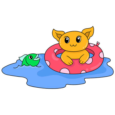 cat is on vacation in summer swimming with air tires, vector illustration art. doodle icon image kawaii.のイラスト素材