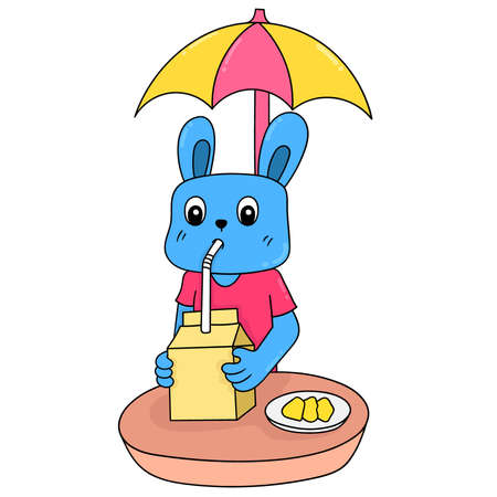 rabbits in summer take shelter under umbrellas and drink boxed milkrabbits in summer take shelter under umbrellas and drink boxed milk, vector illustration art. doodle icon image kawaii.のイラスト素材