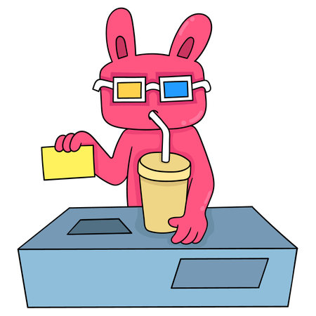 the rabbit wears glasses to watch a movie in the cinema, vector illustration art. doodle icon image kawaii.のイラスト素材