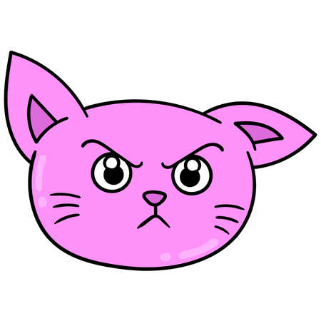 pink cat head with angry face with revenge, vector illustration carton emoticon. doodle icon drawingのイラスト素材