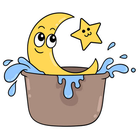 the moon and the stars are bathing and soaking together in the bath, vector illustration art. doodle icon image kawaii.のイラスト素材