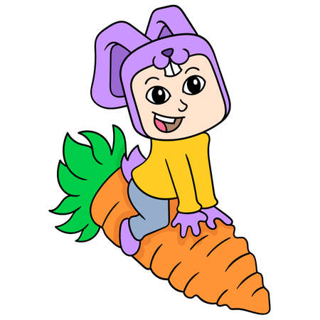 the rabbit animal is playing on a giant carrot, vector illustration art. doodle icon image kawaii.のイラスト素材