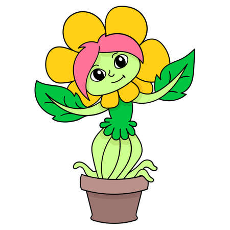 female faced plant monster is happily welcoming spring, vector illustration art. doodle icon image kawaii.のイラスト素材