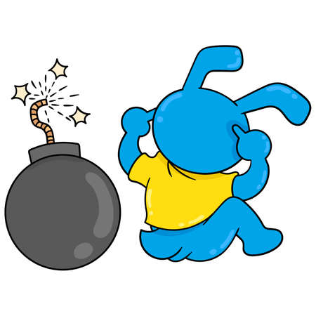 the bunny is covering his ears waiting for the bomb to explode, vector illustration art. doodle icon image kawaii.のイラスト素材