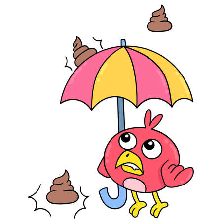 baby bird holding umbrella avoiding the rain poop, vector illustration art. doodle icon image kawaii.のイラスト素材