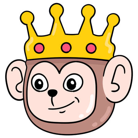 monkey king head wearing a golden crown smiling friendly expression, vector illustration carton emoticon. doodle icon drawingのイラスト素材