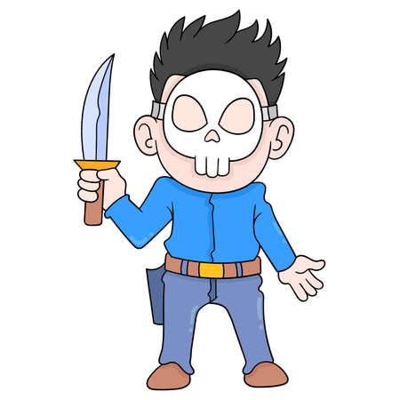 an assassin wearing a skull mask ready to attack the enemy, vector illustration art. doodle icon image kawaii.のイラスト素材