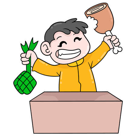 boy is having fun celebrating the feast of eating big meat, vector illustration art. doodle icon image kawaii.のイラスト素材