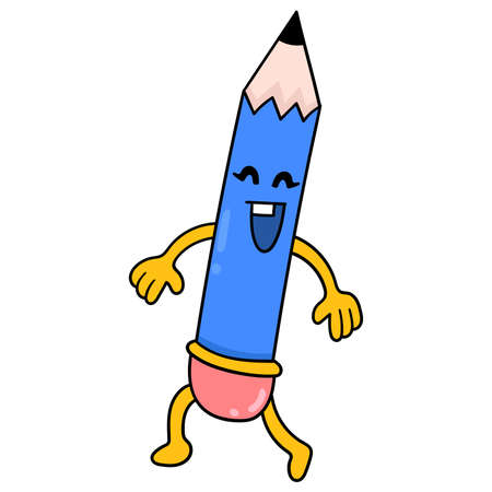 school supplies pencil is walking with a cheerful face, vector illustration art. doodle icon image kawaii.のイラスト素材