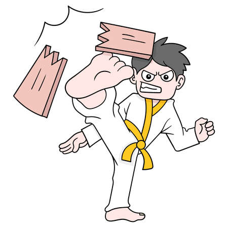 Martial arts boy kicking wood until it breaks, vector illustration art. doodle icon image kawaii.のイラスト素材