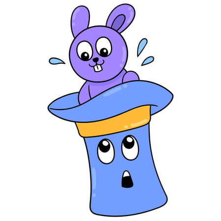 the bunny is giving a surprise coming out of the magician hat, vector illustration art. doodle icon image kawaii.のイラスト素材