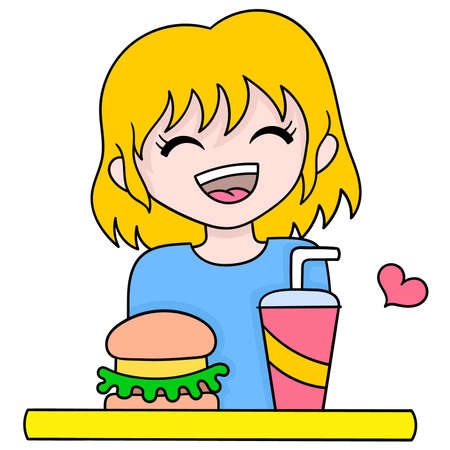 beautiful blonde woman is ready to eat burger junk food, vector illustration art. doodle icon image kawaii.のイラスト素材