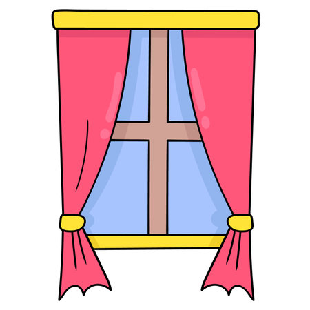 home window interior with beautiful curtains. doodle icon drawing. vector illustration drawのイラスト素材
