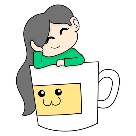 beautiful woman with long hair coming out of a big glass, vector illustration art. doodle icon image kawaii.のイラスト素材