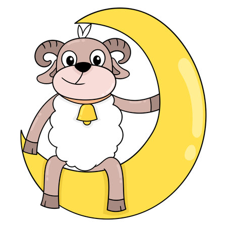 goats and sheep are sitting on the crescent moon, vector illustration art. doodle icon image kawaii.のイラスト素材
