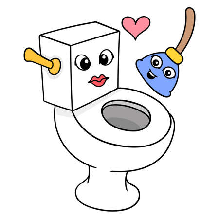 toilet cupping bathroom cleaner friends, vector illustration art. doodle icon image kawaii.のイラスト素材