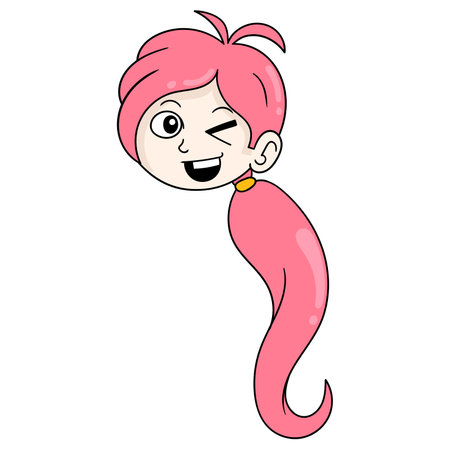 the head of a beautiful woman with long pink hair, vector illustration carton emoticon. doodle icon drawingのイラスト素材