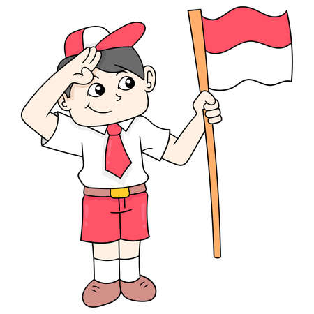 Elementary school boy celebrating Indonesian independence day carrying the red and white flag, vector illustration art. doodle icon image kawaii.のイラスト素材
