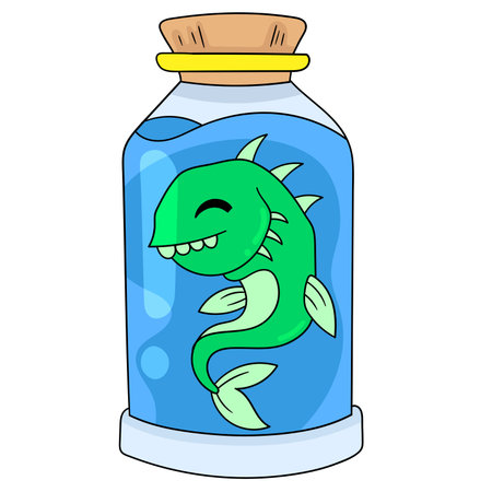 sharp toothed piranha in a bottle aquarium, vector illustration art. doodle icon image kawaii.のイラスト素材