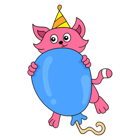 new year and birthday celebration cat flying with balloons, vector illustration art. doodle icon image kawaii.のイラスト素材