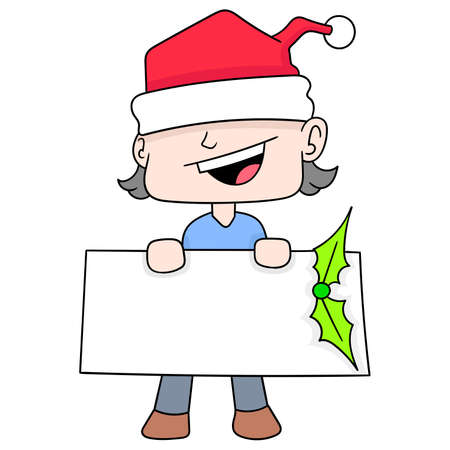 boy celebrating christmas carrying a blank text banner template, vector illustration art. doodle icon image kawaii.のイラスト素材