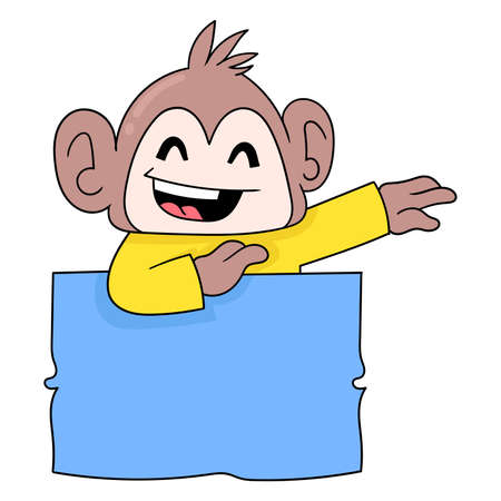 monkey holding blank template banner, vector illustration art. doodle icon image kawaii.のイラスト素材