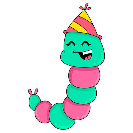 worm is having a happy new year party, vector illustration art. doodle icon image kawaii.のイラスト素材