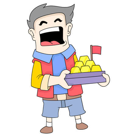 boy is promoting the purchase of carrying gold bullion, vector illustration art. doodle icon image kawaii.のイラスト素材